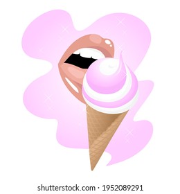 Pink vanilla ice cream in a cone with delicate lips on a pink glitter background. Vector illustration for label and advertisement