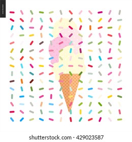 Pink and vanilla Ice cream cone and pattern - cartoon flat vector illustrated cartoon ice cream cone and pink fruit and yellow vanilla scoops with, with twisted geometric colorful pattern of sprinkles