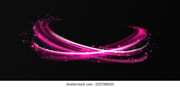 Pink vapor flows with hearts and sparkles. Concept of love, romance, Valentine day with abstract air or steam swirls effects with pink hearts isolated on transparent background, vector realistic set