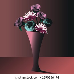 a pink vase with astras, roses, peonies