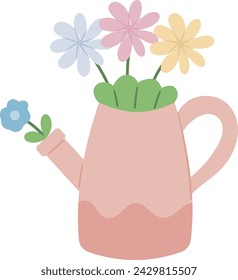 Pink Vase with cute flowers. Flat color botanical vector illustration. Flower vector