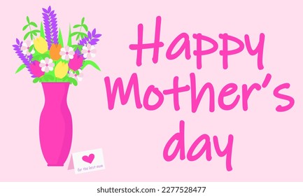 A pink vase with flowers in it that says happy Mother's Day.