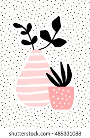 Pink and vase and pot with black plants on dots texture background. Cute and modern Scandinavian style illustration, perfect for greeting cards, wall art, invitations, etc.