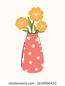 Pink vase with yellow flowers. Flat vector illustration.