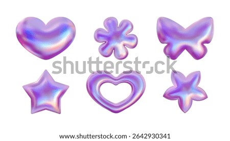 Pink vector 3d icon set. Y2k metallic emoji. Heart, flower, butterfly and star. Holographic stickers collection
