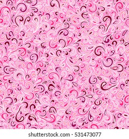 Pink vector abstract hand drawn leafy doodle seamless pattern.