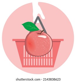 rosafarbener Vektorapfel mit einem Blatt in einem Lebensmittelkorb. saftige Früchte einzeln auf Rot. Rosa Lady