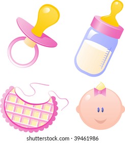 Pink Vector baby's dummy, baby bottle, bib and baby girl. Isolated on white.