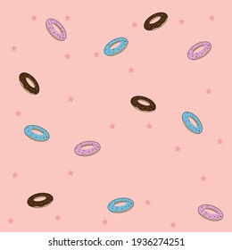 Pink vector background with brown, blue and pink doughnuts and little red stars.