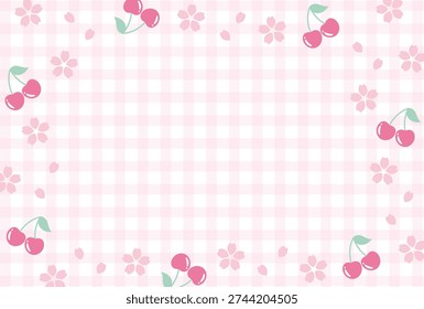 pink vector background with cherry blossoms and cherries on gingham plaid