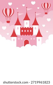 rosafarbener Vektorhintergrund mit einer märchenhaften Burg, Herz-Heißluftballons und Wolken am Himmel zum Valentinstag, Hochzeit, etc.