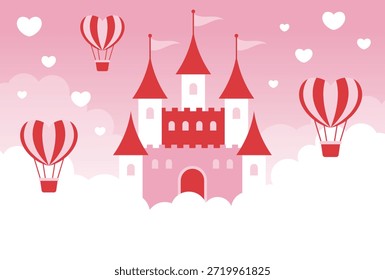 fundo vetor rosa com um castelo de conto de fadas, balões de ar quente do coração e nuvens no céu para o Dia dos Namorados, Casamento, etc.
