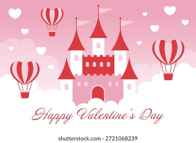 pink vector background with a fairy tale castle, heart hot air balloons and clouds in the sky for Valentine's Day, Wedding, etc.