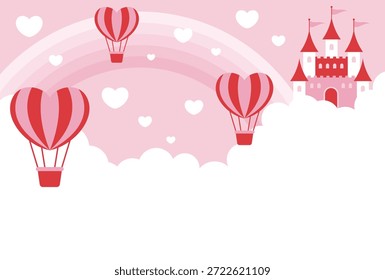 pink vector background with a fairy tale castle, heart hot air balloons and clouds in the sky for Valentine's Day, Wedding, etc.