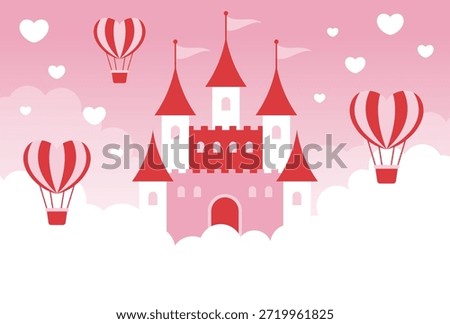 pink vector background with a fairy tale castle, heart hot air balloons and clouds in the sky for Valentine's Day, Wedding, etc.