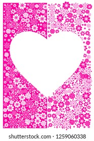 Pink vector background with flowers and big heart. Pink and white. Heart shape frame. Template for your design, flyer, card, banner, posters, greeting card