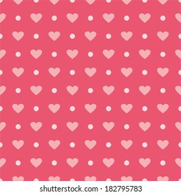 Pink vector background with hearts and polka dots. Cute seamless pattern for valentines desktop wallpaper or lovely website design.