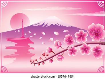 Pink vector background image, asia japan, mountain and sakura.