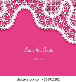 Pink vector background with lace pattern, save the date card or wedding invitation template, eps10