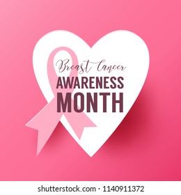 Pink vector background with paper heart frame and ribbon symbol. Breast Cancer October Awareness Month Campaign