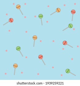 Pink vector background with red, orange and green lollipops and little pink stars