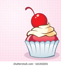 Pink Vector Background with a Tasty Cream Cupcake with Cherry as Topping