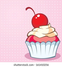 Pink Vector Background with a Tasty Cream Cupcake with Cherry as Topping