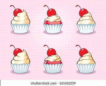 Pink Vector Background with Tasty Cream Cupcakes with Cherry as Topping