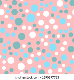 Pink vector background with white, mint, blue circles. Beautiful color pattern in a delicate palette. Design for fabric, paper, packaging, poster, banner sites. Vector illustration