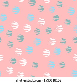 Pink vector background with white, mint, blue circles. Beautiful color pattern in a delicate palette. Design for fabric, paper, packaging, poster, banner sites. Vector illustration
