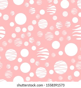 Pink vector background with white, mint, blue circles. Beautiful color pattern in a delicate palette. Design for fabric, paper, packaging, poster, banner sites. Vector illustration