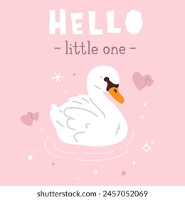 A pink vector background with the word hello little one on it and cartoon baby swan