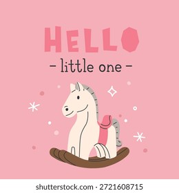 Un fondo de Vector rosa con la palabra hola pequeño en él y el caballo de madera 