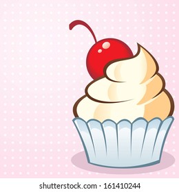 Pink Vector Background with a Yummy Cream Cupcake with Cherry as Topping