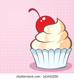 Pink Vector Background with a Yummy Cream Cupcake with Cherry as Topping
