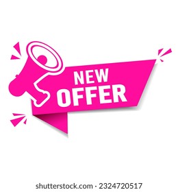 PINK vector banner ribbon new offer with megaphone. Web element.
