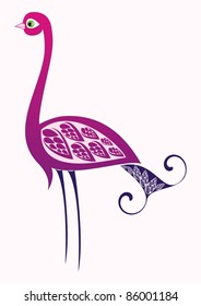 Pink vector bird with graphic floral ornament on white background. Design element  for invitation or greeting card.