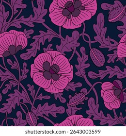 PINK VECTOR BLOOMING POPPIES ON A DARK BLUE BACKGROUND