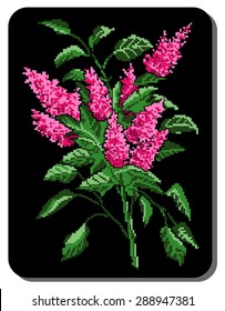 Pink vector bouquet of flowers (bloom of lilacs) on the black background using traditional Ukrainian embroidery elements. Can be used as pixel-art. 