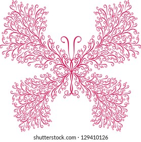 pink vector butterfly made of symmetrical spirals in vintage style isolated on white background