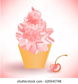 Pink Vector Cake or Ice Cream with Cherry in a Brown Cup on a White Background
