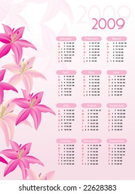 pink vector, calendar for 2009 with floral elements