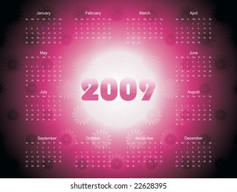 pink vector, calendar for 2009 with snowflake