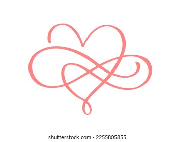 Caligrafía vectorial rosa Corazón y señal para siempre. Logotipo del símbolo romántico del día de amor Infinity, vinculado, unido, pasión e icono de boda. Plantilla para tarjeta, afiche. Diseñar ilustración de elemento plano.