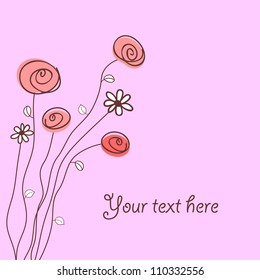 Pink vector card with cute hand drawn flowers