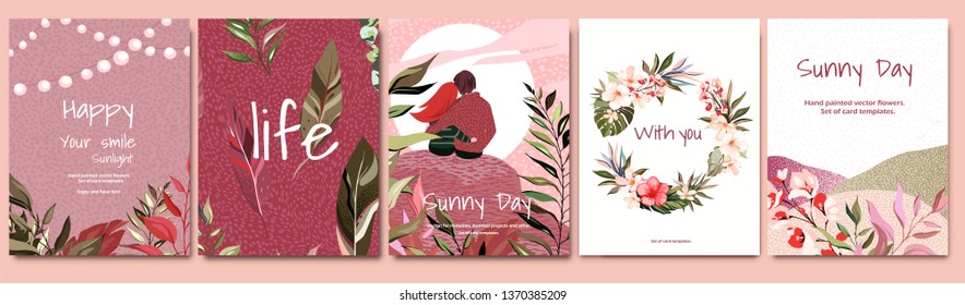 pink vector card with illustration couple, leaves, flower. Tropic design concept. Romantic cute poster, flyer, wedding invite. decorative greeting card or invitation background
