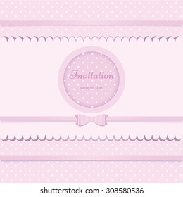 Pink vector card invitation for baby shower or birthday party with white polka dots. Cute background with frame  to put your own text.