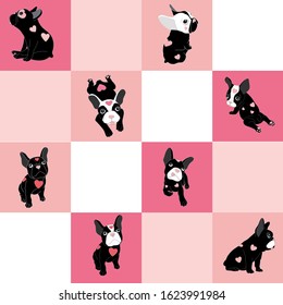 Pink Vector Chequered French Bulldog Seamless Pattern