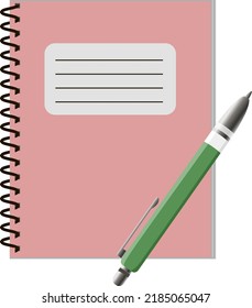 Pink vector copybook with green pen, isolated on white background