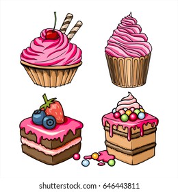 Pink vector desserts isolated on white background.  Cakes, cupcakes  with blueberries, strawberries, cream and chocolate. Delicious hand drawn illustration